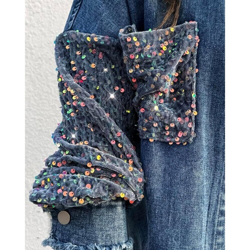 Women's Casual Denim Jacket Contrast Sequin Long Sleeve Denim Jackets Blue - Picture 4 of 7